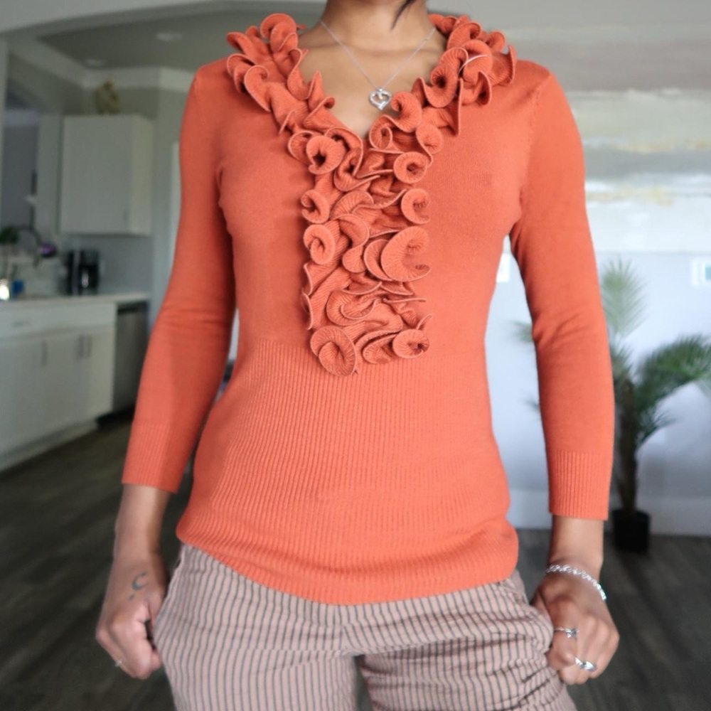Ruffled V-Neck Sweater - Orange